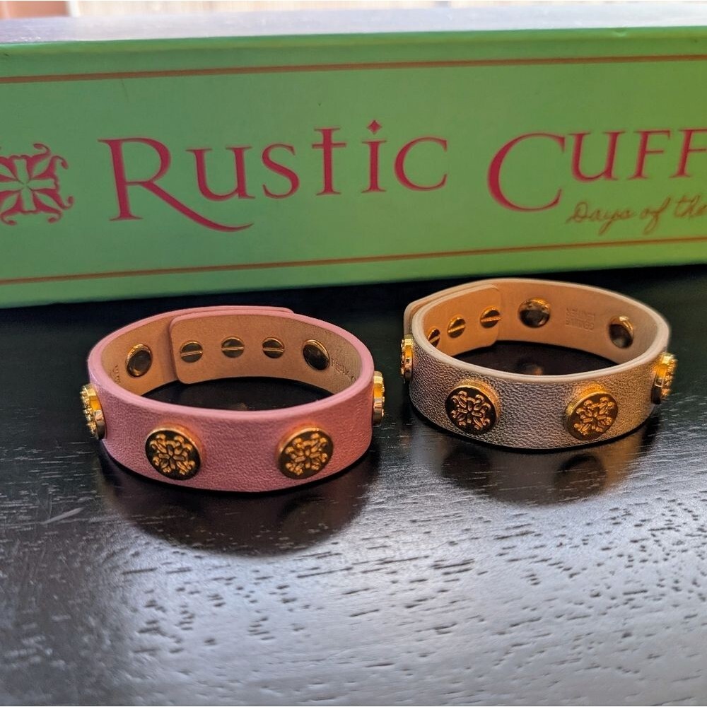 Rustic Cuff Pink and Gray Leather Bracelets with Gold Medallions